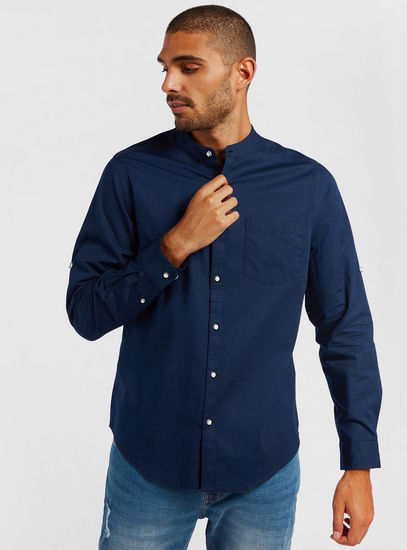 Solid Shirt with Mandarin Collar and Button Closure