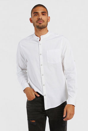Solid Shirt with Mandarin Collar and Button Closure