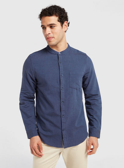 Solid Oxford Shirt with Long Sleeves and Mandarin Collar-Shirts-image-0