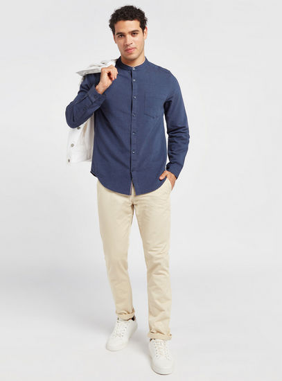 Solid Oxford Shirt with Long Sleeves and Mandarin Collar