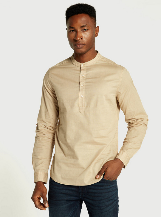 Solid Mandarin Collar Shirt with Slub Detail and Long Sleeves