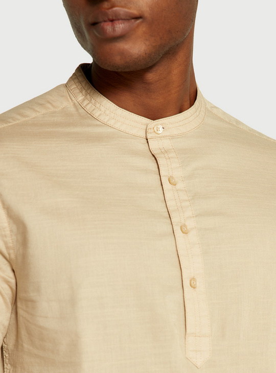 Solid Mandarin Collar Shirt with Slub Detail and Long Sleeves