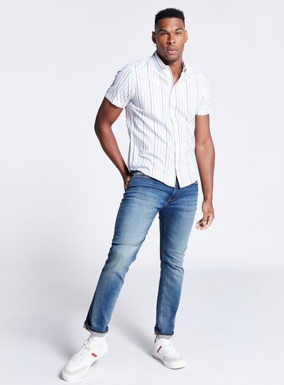 Vertical Striped Button Down Shirt with Short Sleeves-Shirts-image-1
