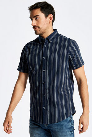 Vertical Striped Button Down Shirt with Short Sleeves