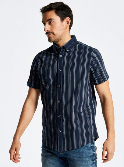 Vertical Striped Button Down Shirt with Short Sleeves-Shirts-image-0