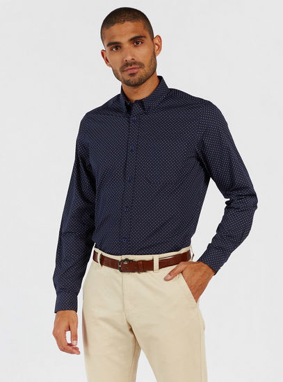 All-Over Printed Slim Fit Shirt with Long Sleeves and Button-Down Collar