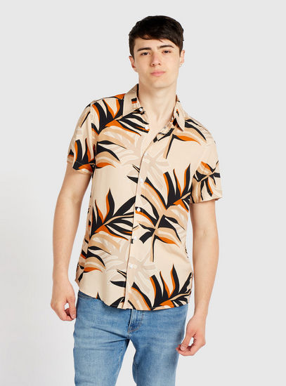 Tropical Print Shirt with Short Sleeves and Button Closure