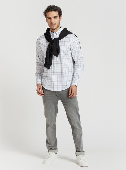 Checked Long Sleeve Shirt with Elbow Patches and Button Closure