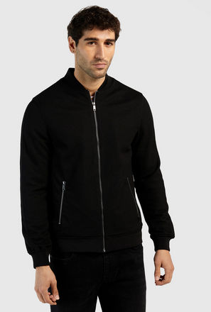 Solid Bomber Jacket with Long Sleeves and Pockets