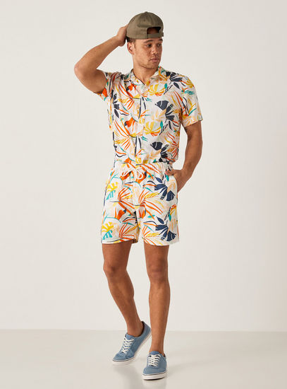 All-Over Tropical Print Elasticated Shorts with Drawstring Closure