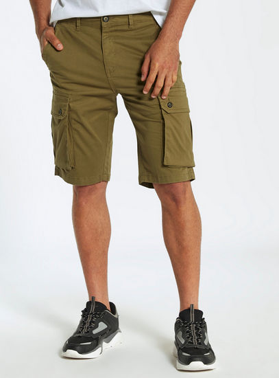 Solid Shorts with Flap Pockets and Button Closure