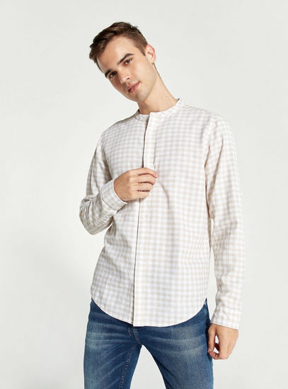 Checked Mandarin Collar Shirt with Long Sleeves-Shirts-image-0