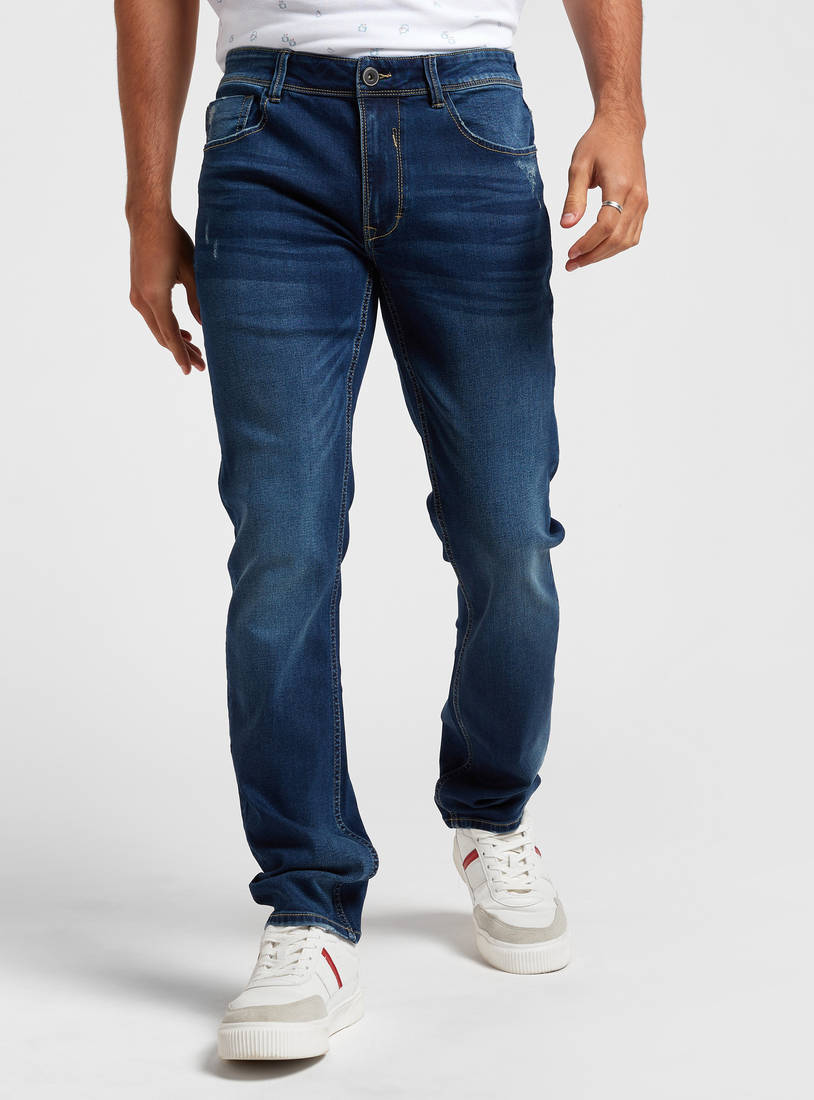 Solid Mid-Rise Denim Jeans with Button Closure and Pockets-Slim-image-1