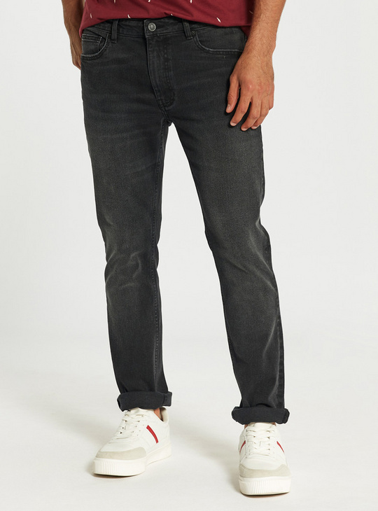 Solid Slim Fit Jeans with Button Closure and Pockets