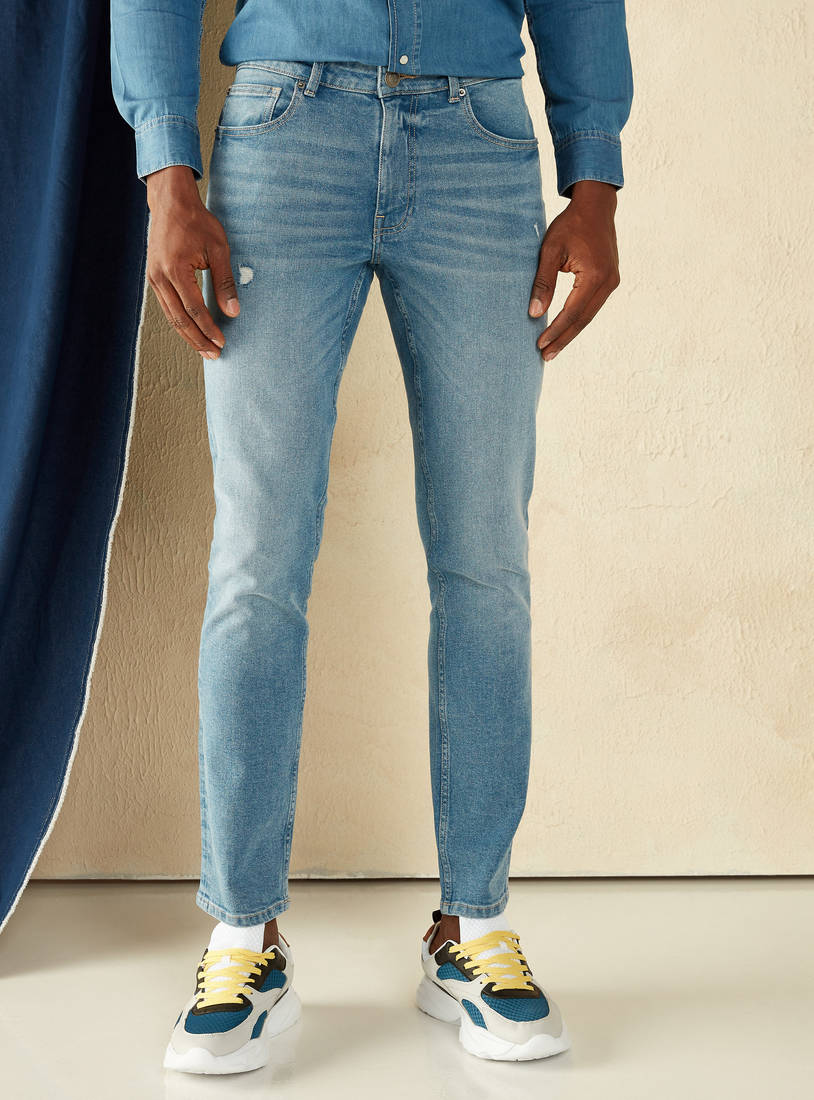 Solid Mid-Rise Denim Jeans with Button Closure and Pockets-Straight-image-1