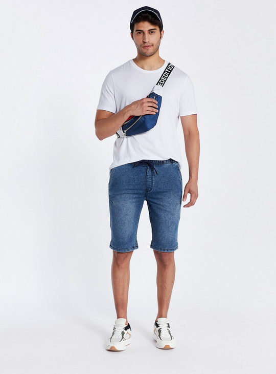 Slim Fit Mid-Rise Denim Shorts with Pockets and Drawstring Closure