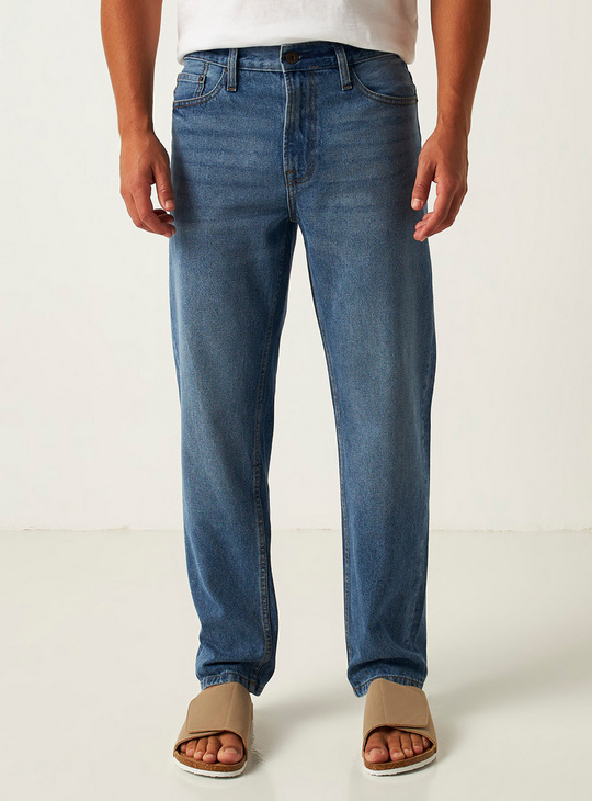 Solid Mid-Rise Jeans with Pockets and Button Closure
