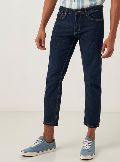 Solid Mid-Rise Slim Fit Cropped Denim Jeans with Button Closure