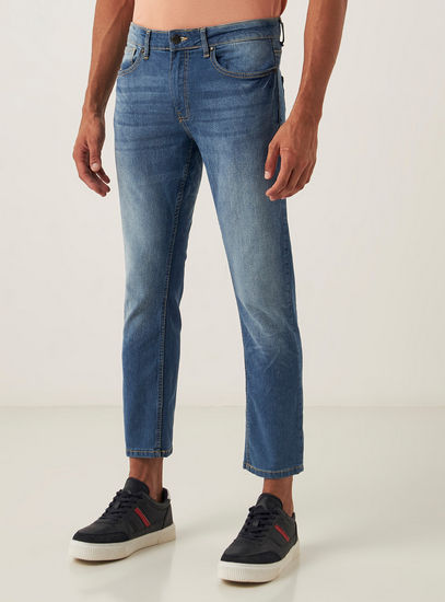 Solid Mid-Rise Slim Fit Cropped Denim Jeans with Button Closure