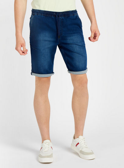 Solid Mid-Rise Denim Shorts with Drawstring Closure and Pockets-Shorts-image-1