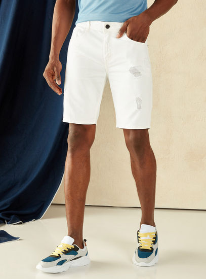 Ripped Mid-Rise Shorts with Button Closure and Pockets
