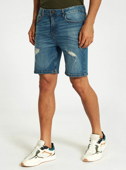 Distressed Denim Shorts with Pockets and Button Closure-Slim-image-1