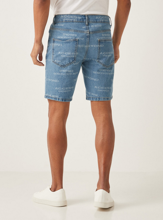 Printed Denim Shorts with Button Closure and Pockets