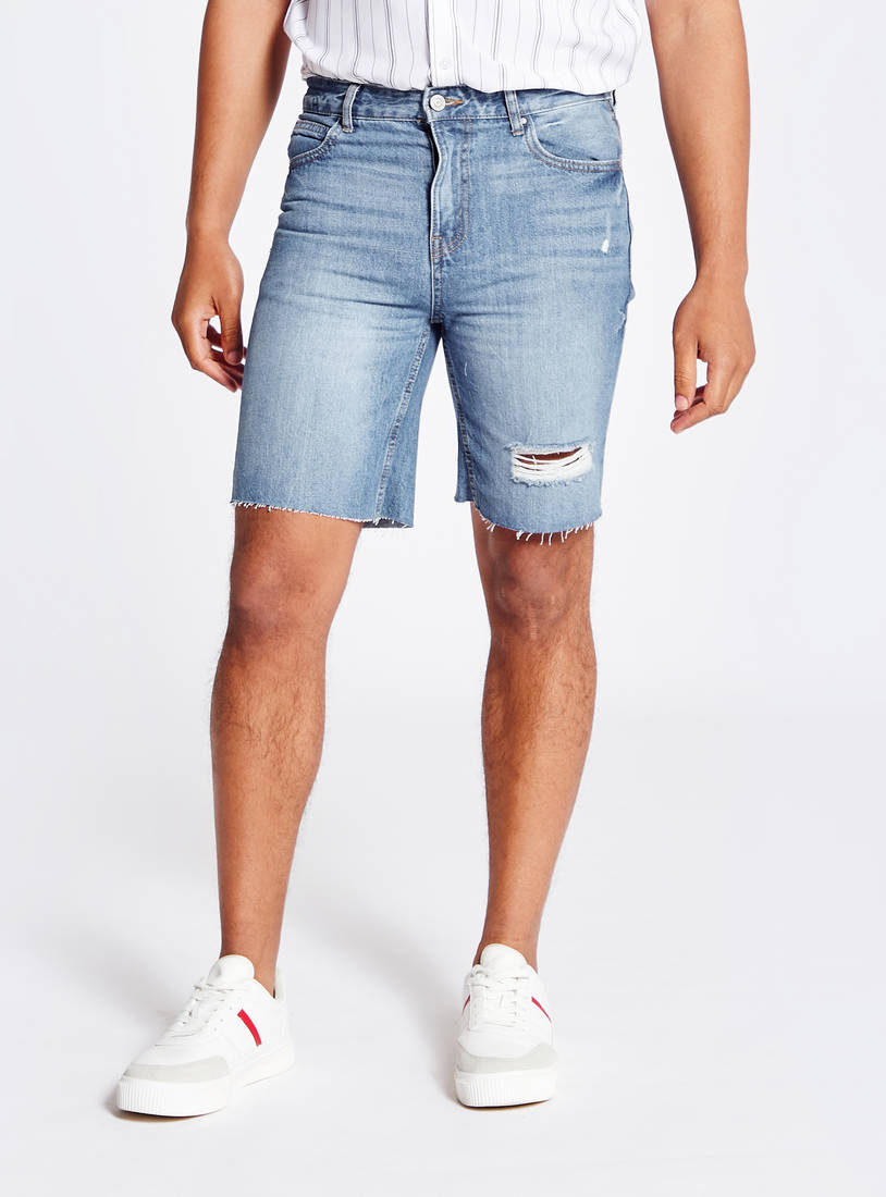 Solid Mid-Rise Denim Shorts with Button Closure and Pockets-Shorts-image-0