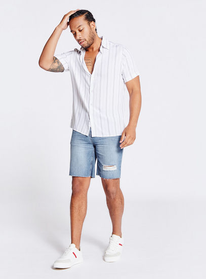 Solid Mid-Rise Denim Shorts with Button Closure and Pockets
