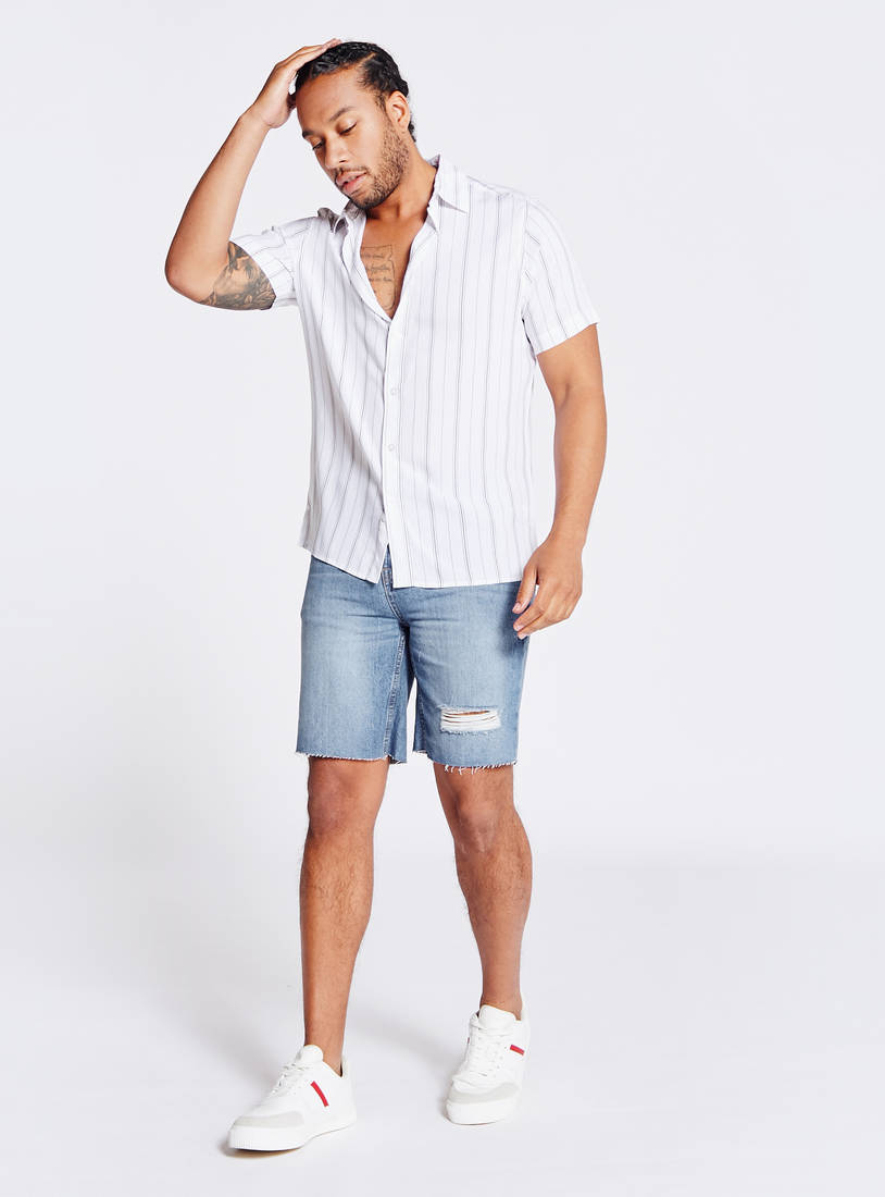 Solid Mid-Rise Denim Shorts with Button Closure and Pockets-Shorts-image-1