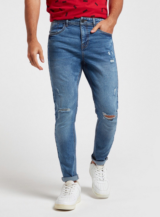 Ripped Mid-Rise Denim Jeans with Button Closure and Pockets