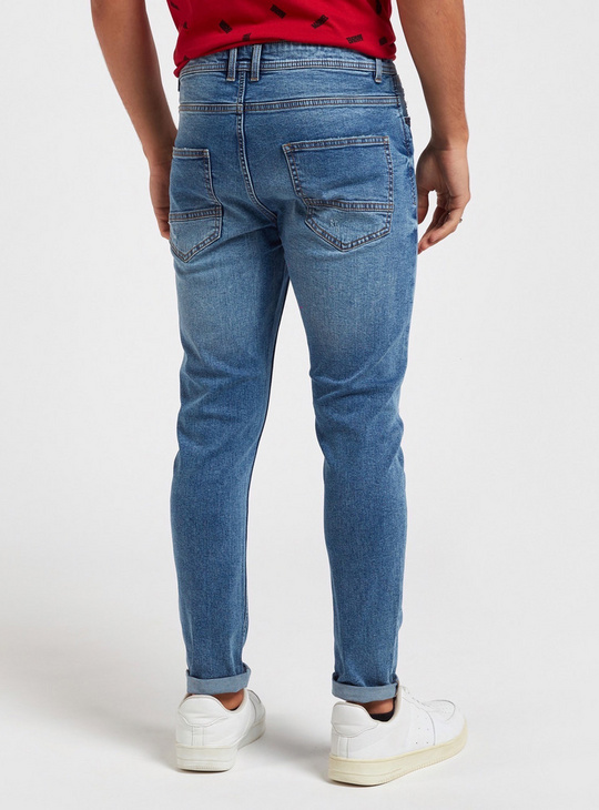 Ripped Mid-Rise Denim Jeans with Button Closure and Pockets