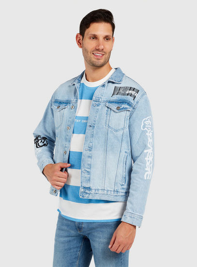 Typographic Print Ripped Denim Jacket with Long Sleeves and Pockets