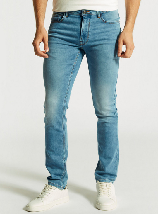 Solid Mid-Rise Jeans with Button Closure and Pockets