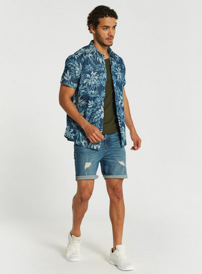 Leaf Print Denim Shirt with Short Sleeves and Button Closure-Shirts-image-1