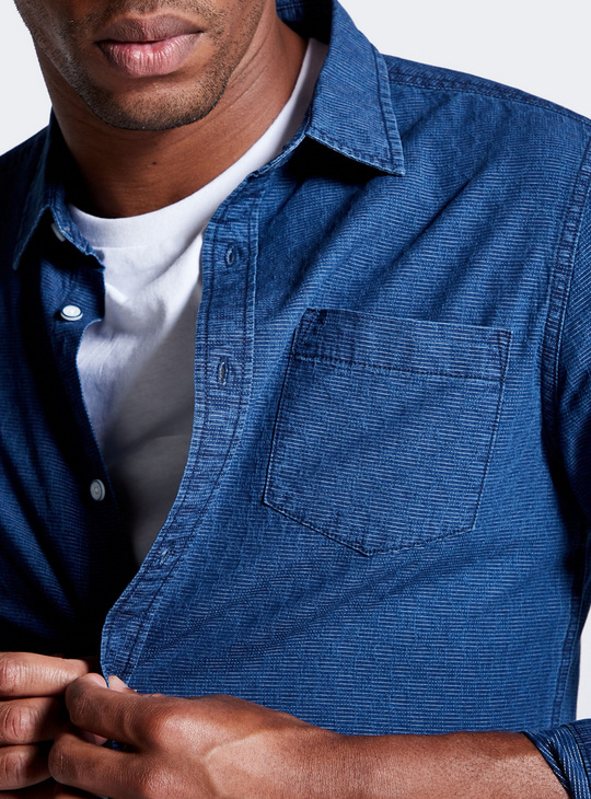 Solid Denim Shirt with Button Closure and Pocket