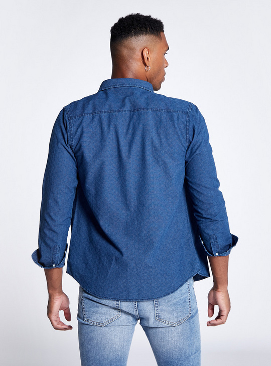 Solid Denim Shirt with Button Closure and Pocket
