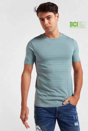 Textured Slim Fit BCI Cotton T-shirt with Round Neck and Short Sleeves