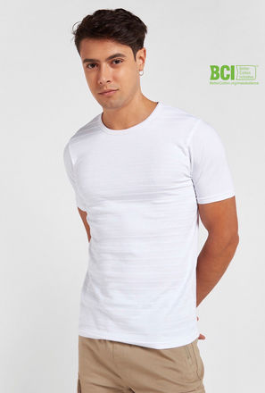 Textured Slim Fit BCI Cotton T-shirt with Round Neck and Short Sleeves