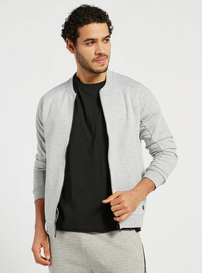Textured Bomber Jacket with Long Sleeves and Pockets-Jackets-image-0