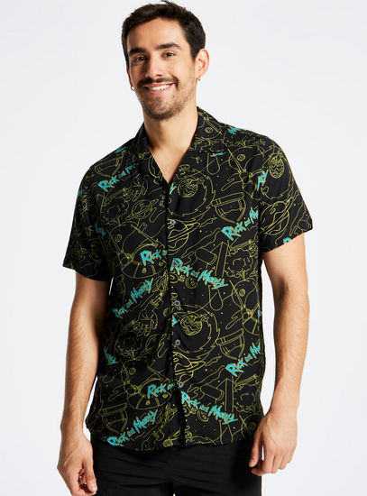 Rick and Morty Print Shirt with Short Sleeves and Camp Collar