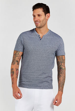 Solid BCI Cotton T-shirt with Henley Neck and Short Sleeves