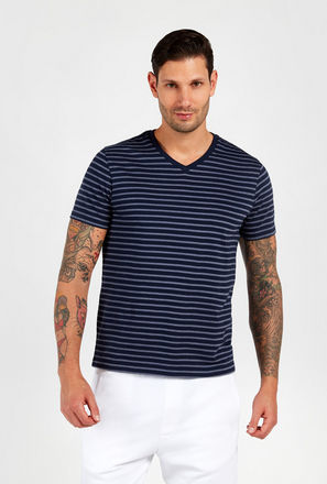Striped BCI Cotton T-shirt with V-neck and Short Sleeves