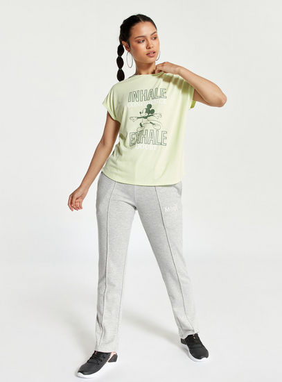 Text Print Pintuck Detail Track Pants with Elasticated Waist and Pockets