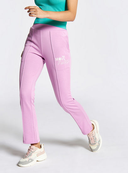 Text Print Pintuck Detail Track Pants with Elasticated Waist and Pockets
