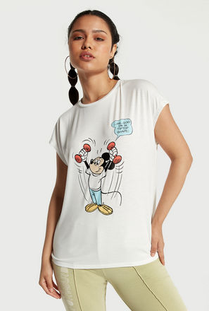 Mickey Mouse Print T-shirt with Cap Sleeves and Round Neck-mxwomen-clothing-activewear-tshirtsandvests-2