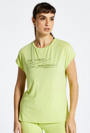 Text Print T-shirt with Round Neck and Extended Sleeves