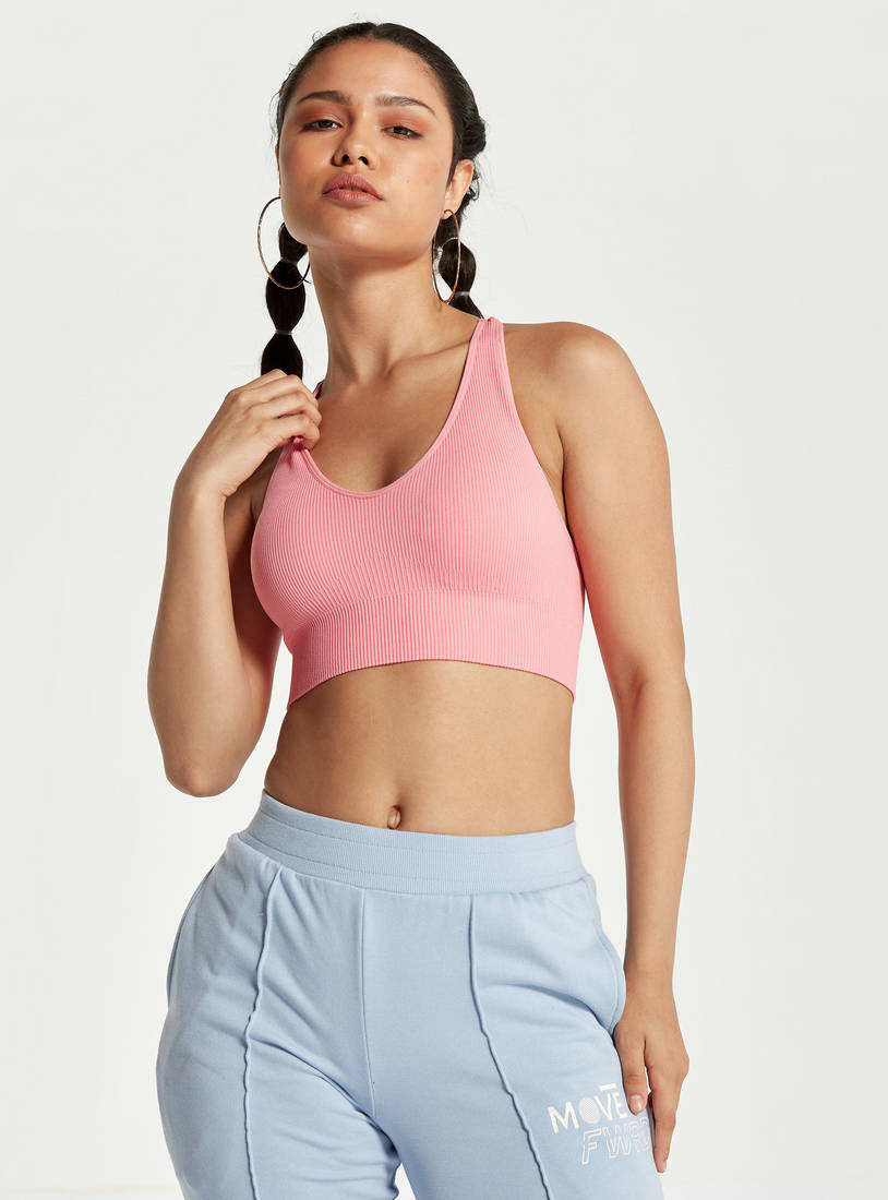 Shop Ribbed Sports Bra with Cross Back Strap and Round Neck Online