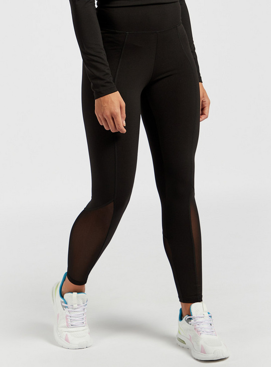 Solid High-Rise Leggings with Elasticated Waistband and Mesh Detail
