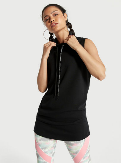 Solid Sleeveless Longline Sweatshirt with High Neck and Drawstrings